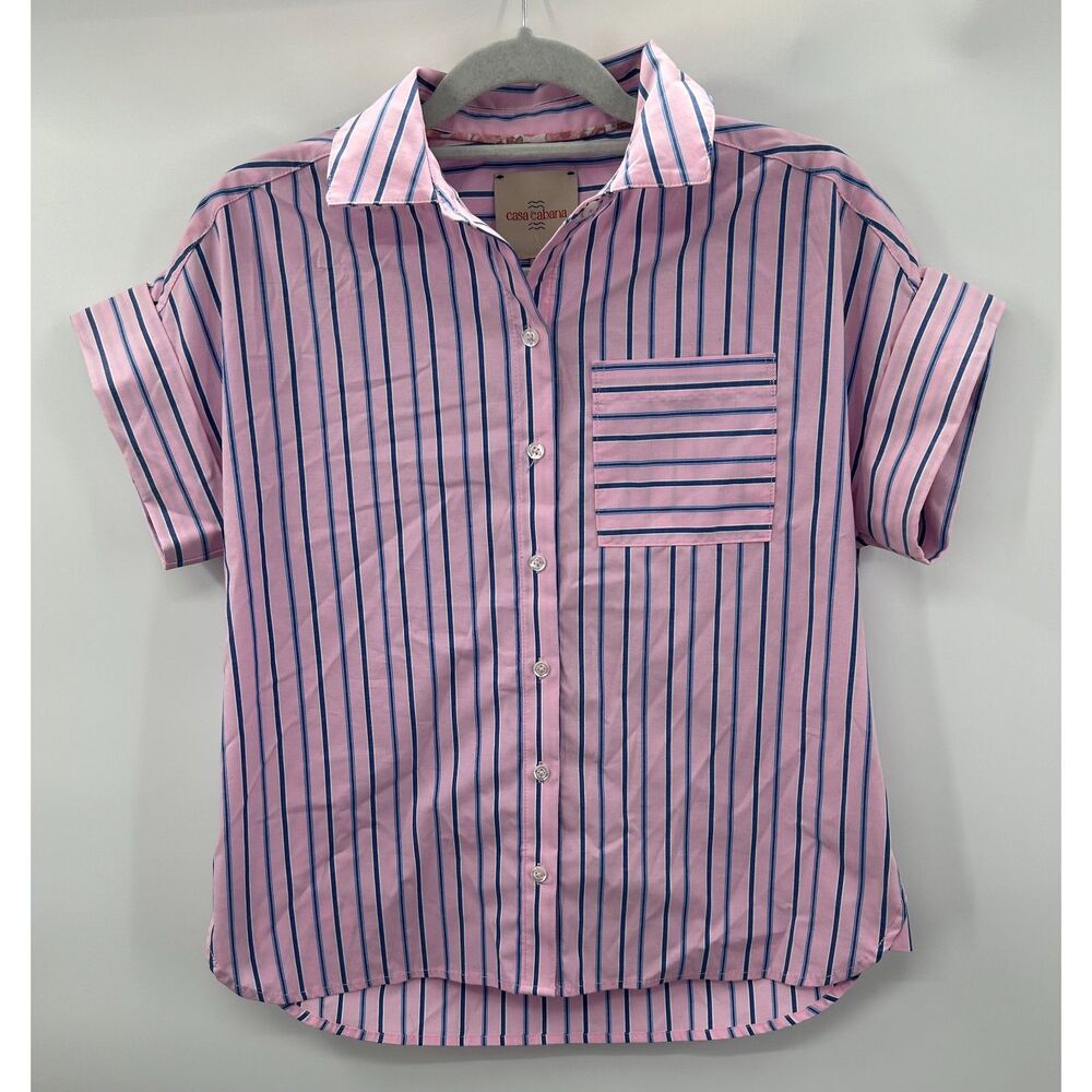 NWT Casa Cabana Women Short Sleeve Button Down Shirt XS Pink Striped Coastal